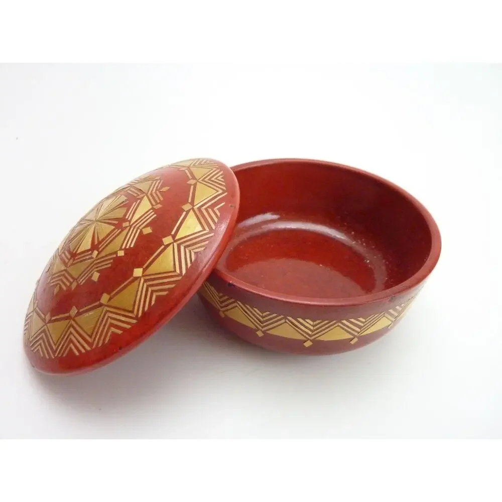 Vintage Wood Lacquer Mandala Box Round Indian Trinket Case Red Keepsake Decor